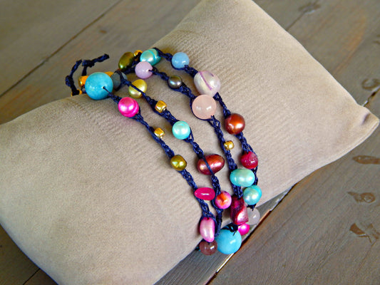 Navy, Berry Pink, Shell and Pearl Wrap Bracelet, Anklet, Necklace