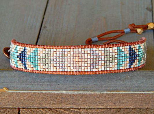 Geometric Triangle Bead Loom Woven Bracelet in Gray, Navy, Blush and Rose Gold