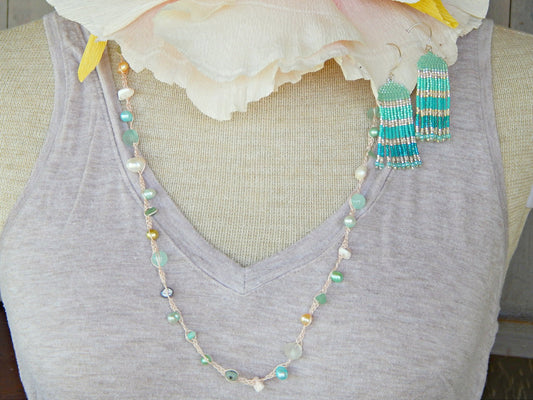 Seafoam Seaglass, Shell and Pearl Wrap Bracelet, Anklet, Necklace