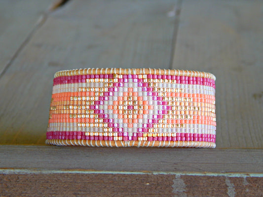 Magenta Pink and Gold Bead Loom Cuff Bracelet, custom handmade gift for her