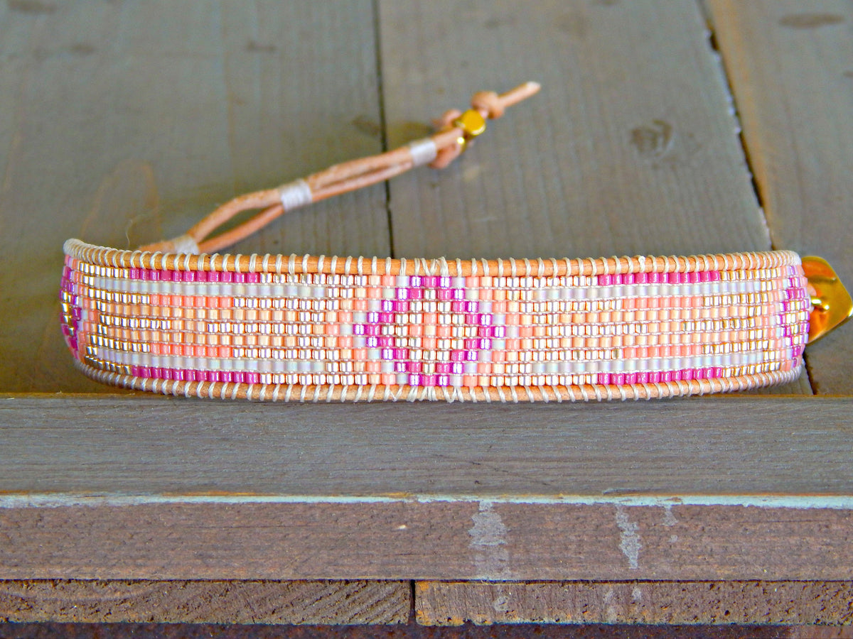 Gold and Pink Starburst Southwester Bead Loom Leather Bracelet – Tower  Creations