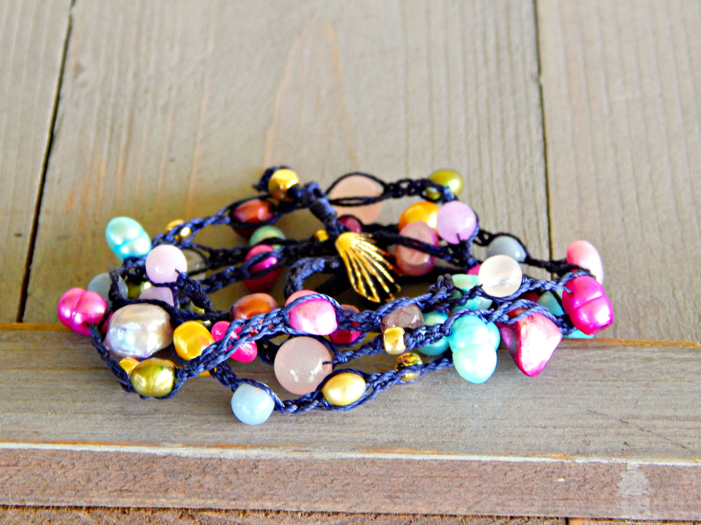 Navy, Berry Pink, Shell and Pearl Wrap Bracelet, Anklet, Necklace