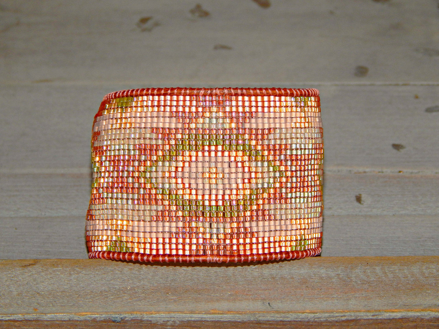 Blush and Copper Bead Loom Woven Wide Cuff, Native American Loom Bracelet