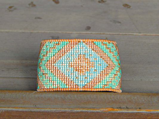 Seafoam and Gold Extra wide Geometric bead loom woven cuff