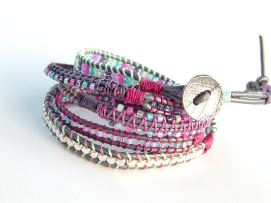 Boho Macrame 5x Wrap Bracelet Green Purple and Silver Gray Festival Bracelet