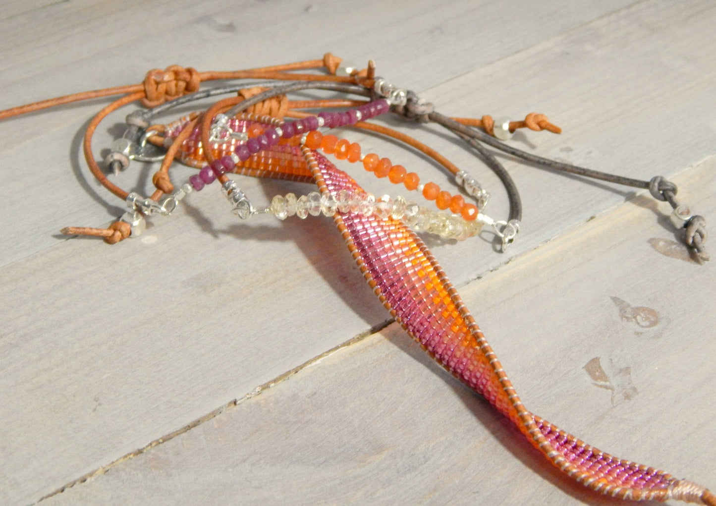 Faded Orange to Pink Ombre Loom woven friendship bracelet