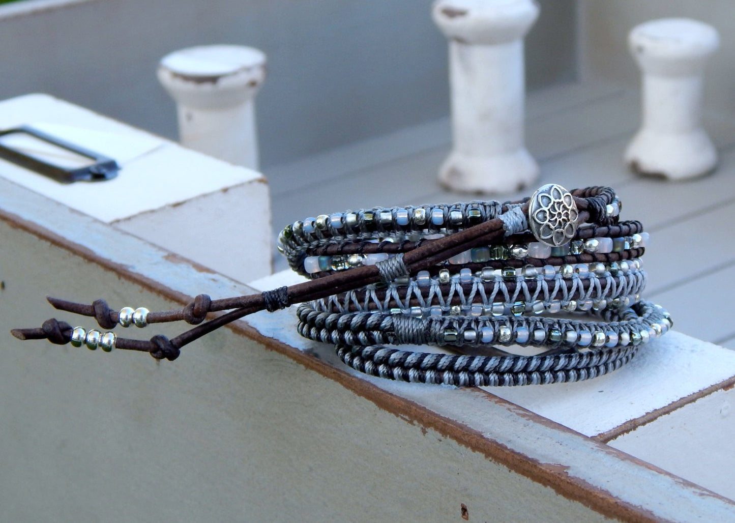 Gray and Silver Beaded Textured Macrame Leather Wrap Bracelet