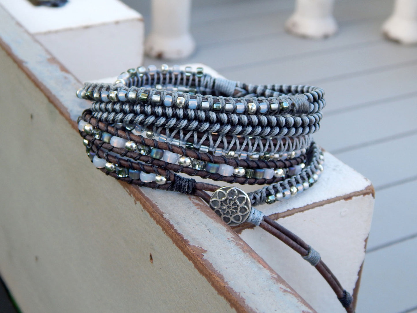 Gray and Silver Beaded Textured Macrame Leather Wrap Bracelet