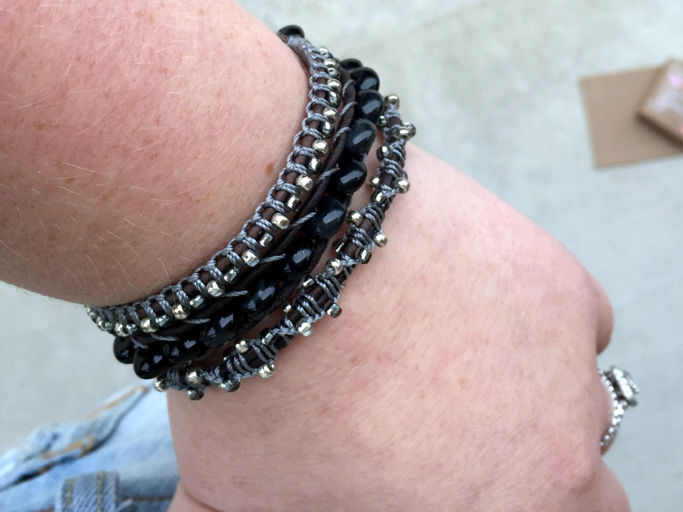 Beaded Black Onyx and silver Macrame 3x Leather Wrap Bracelet