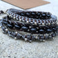 Beaded Black Onyx and silver Macrame 3x Leather Wrap Bracelet