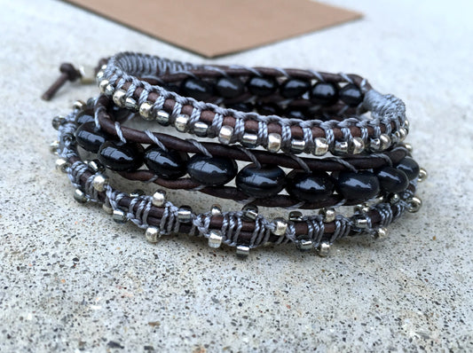 Beaded Black Onyx and silver Macrame 3x Leather Wrap Bracelet