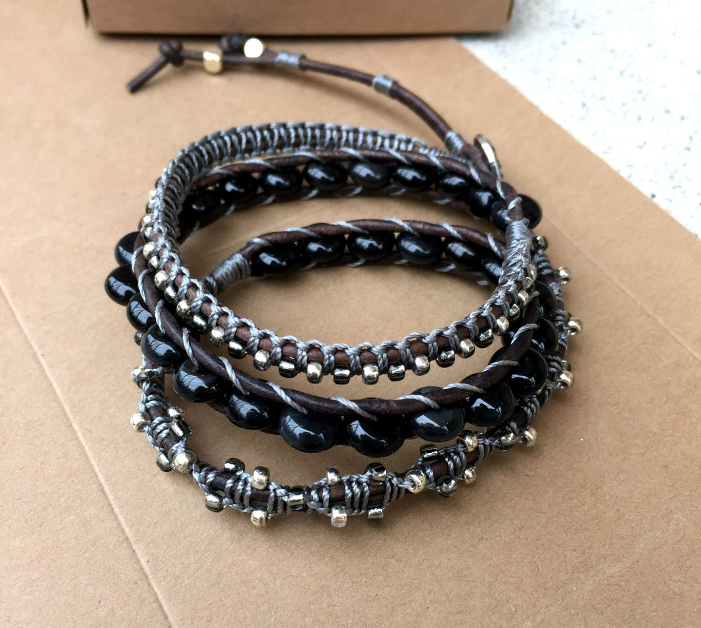 Beaded Black Onyx and silver Macrame 3x Leather Wrap Bracelet