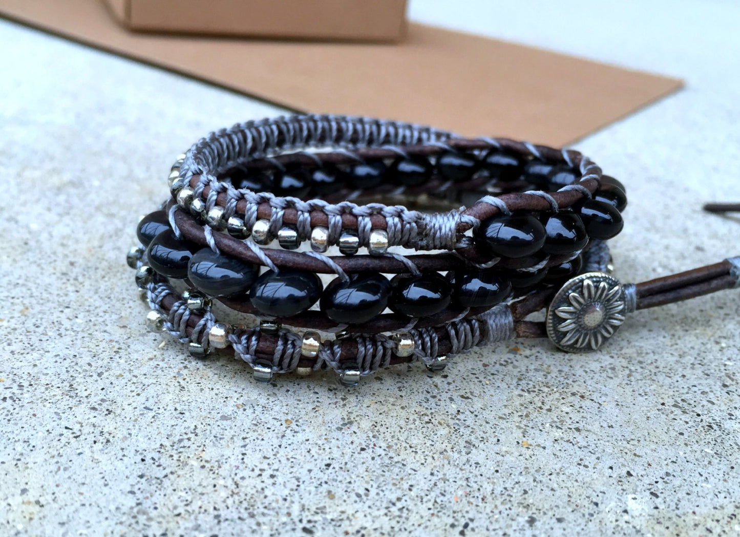 Beaded Black Onyx and silver Macrame 3x Leather Wrap Bracelet