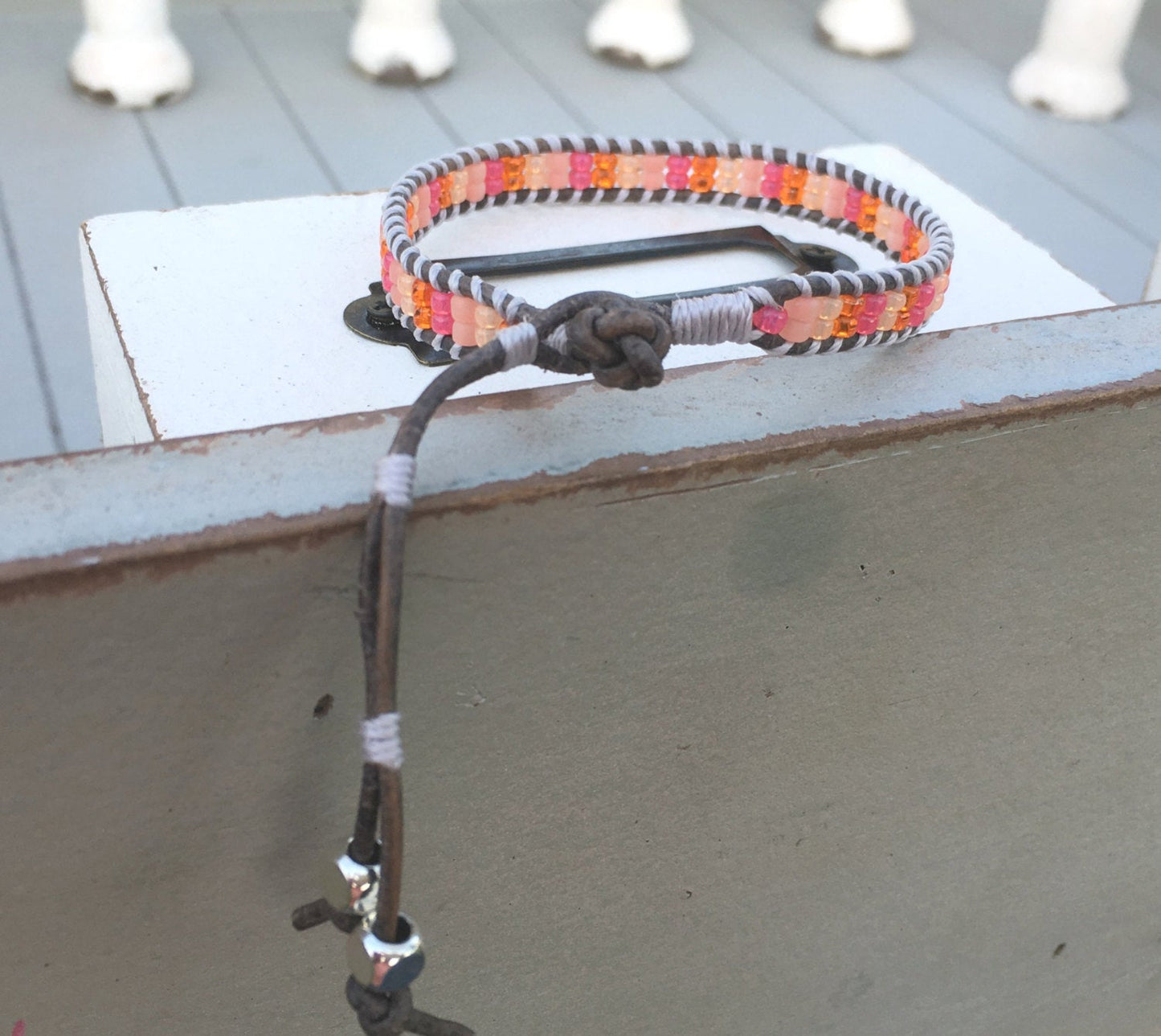 Pink and Orange Ladder Woven Leather Stack bracelet