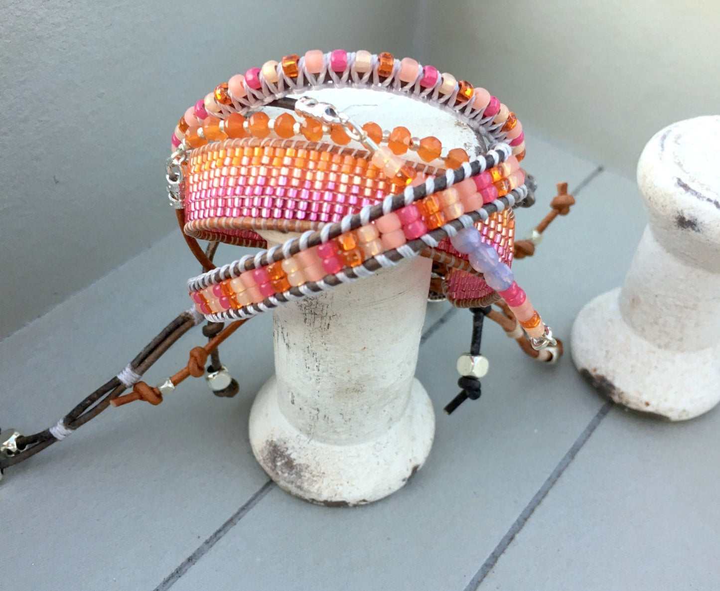 Pink and Orange Ladder Woven Leather Stack bracelet