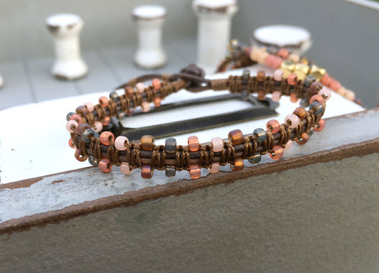Coral Peach and Brown Side beaded Macrame Woven Leather Stack bracelet