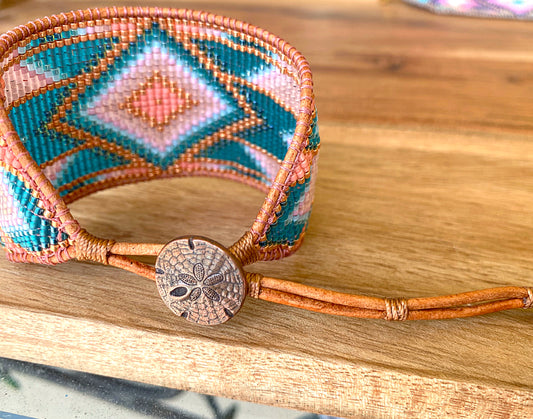 Blush and Teal Southwestern Bead Loom Woven Wide Beaded Cuff Bracelet