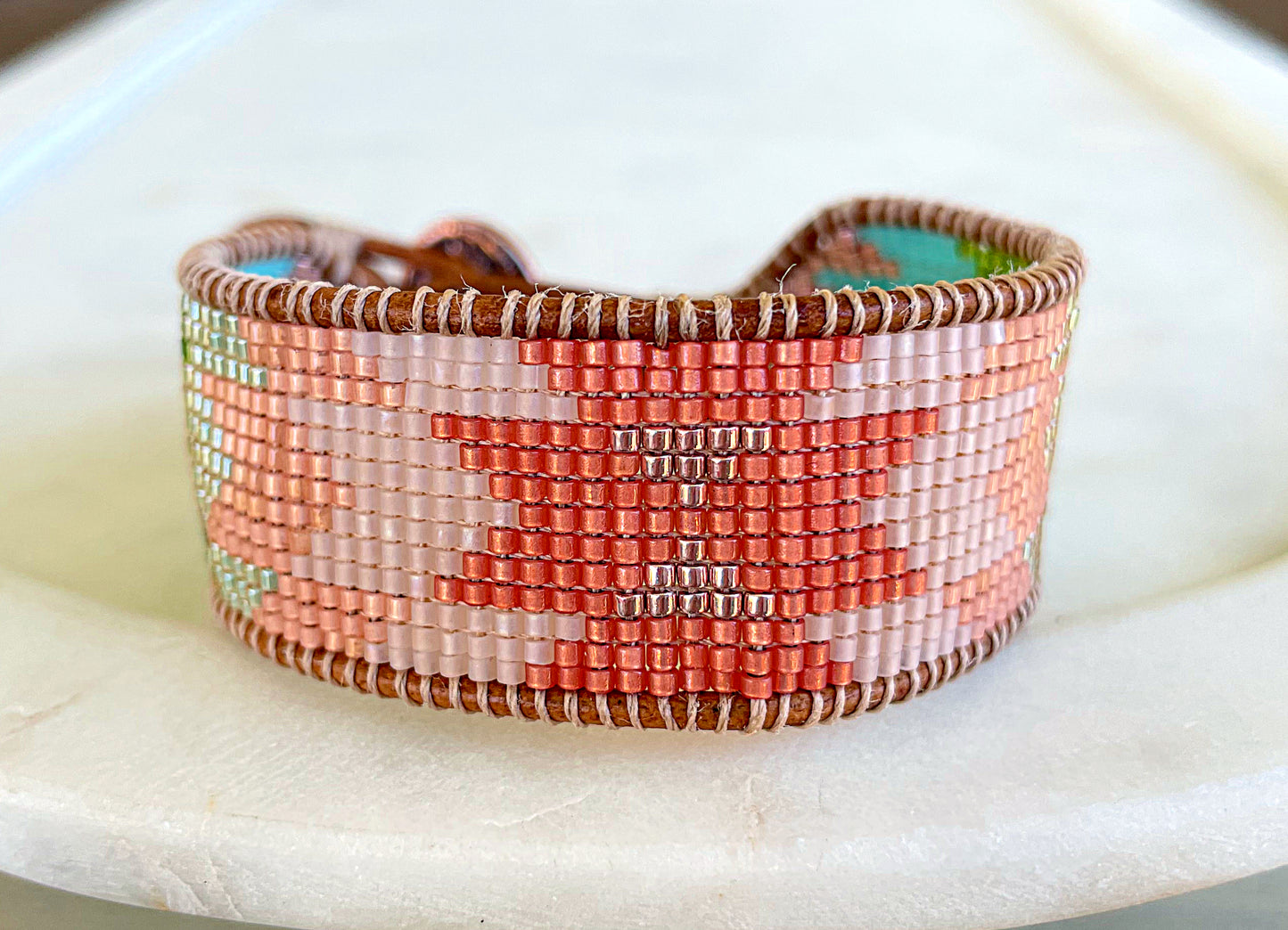 Coral, Green, and Turquoise Western Starburst Beaded Loom Bracelet