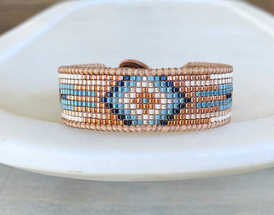 Blue, Tan, and Rose Gold Western Diamond Bead Loom Woven Bracelet