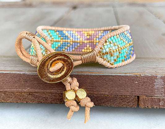 Purple, Green, and Gold Geometric Arrow Bead Loom Woven Bracelet