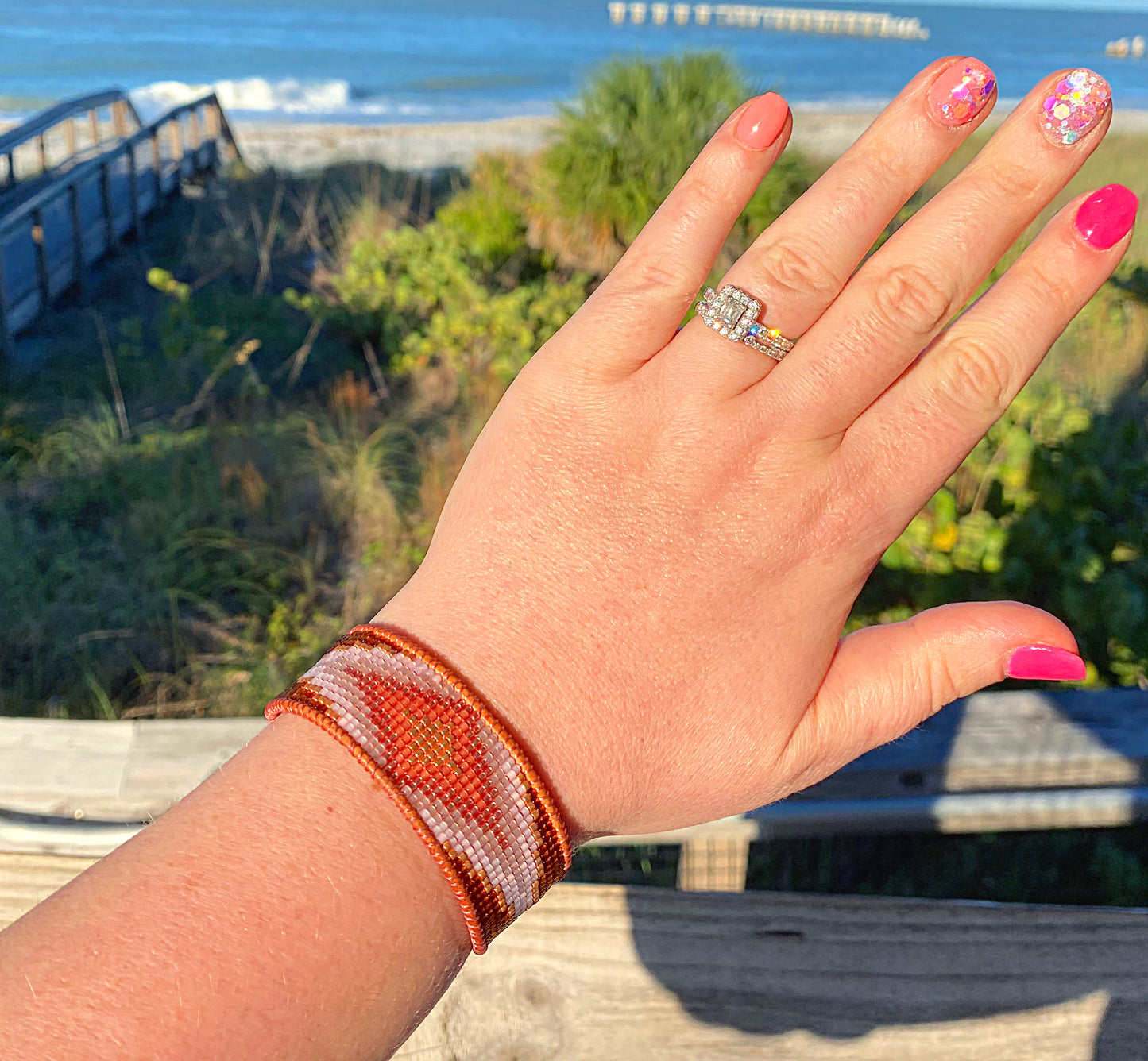 Tan and Coral Bead Loom Woven Diamond Burst Bracelet