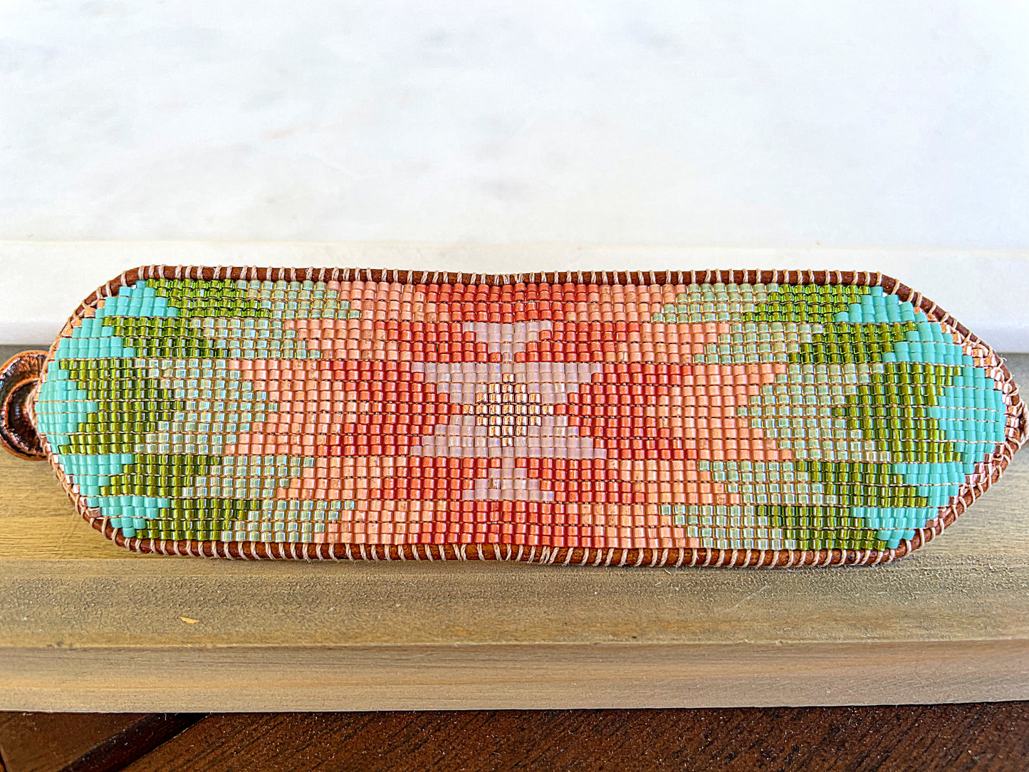 Coral,Green and Turquoise Western Cuff Starburst Beaded Loom Bracelet