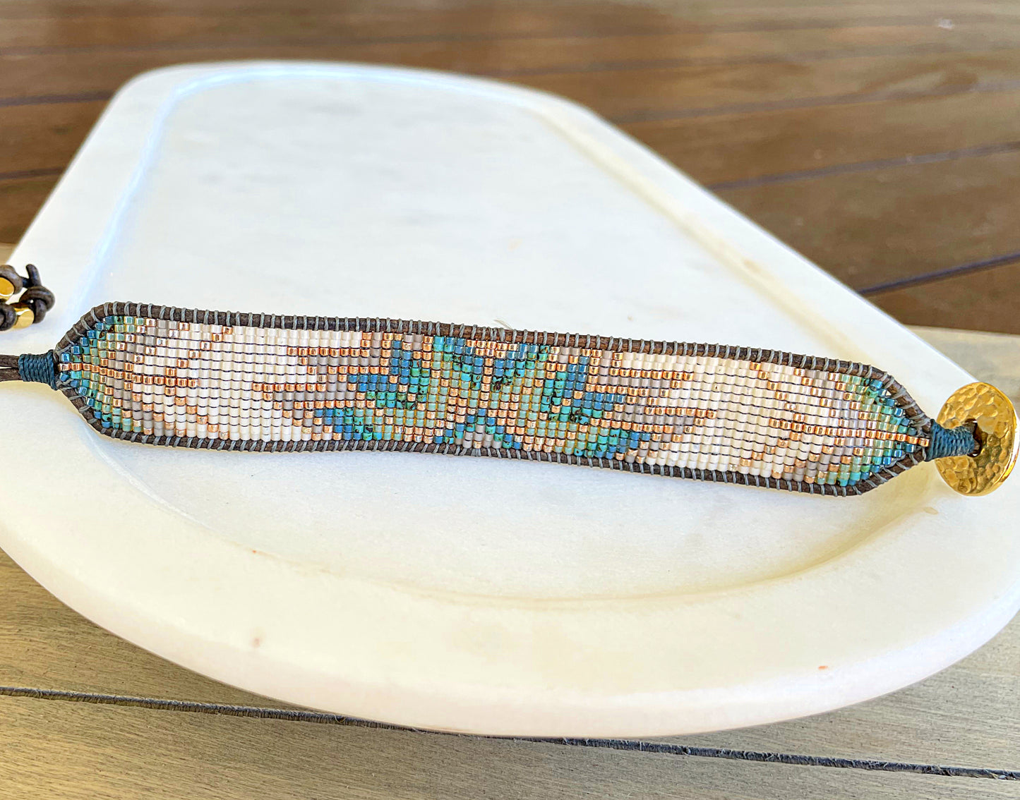 Sage and Turquoise Starburst Quilt Beaded Loom Woven Bracelet