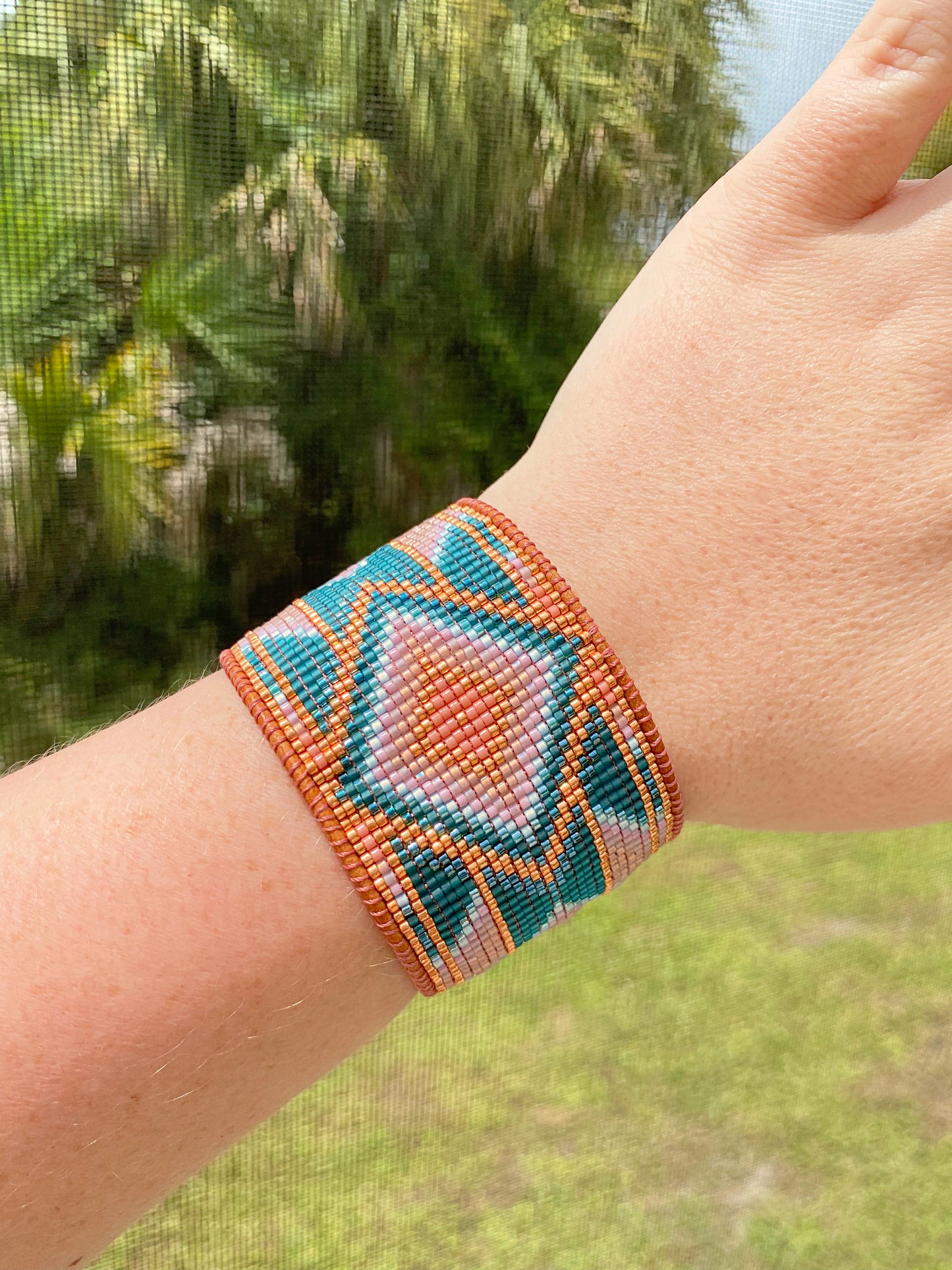 Blush and Teal Southwestern Bead Loom Woven Wide Beaded Cuff Bracelet