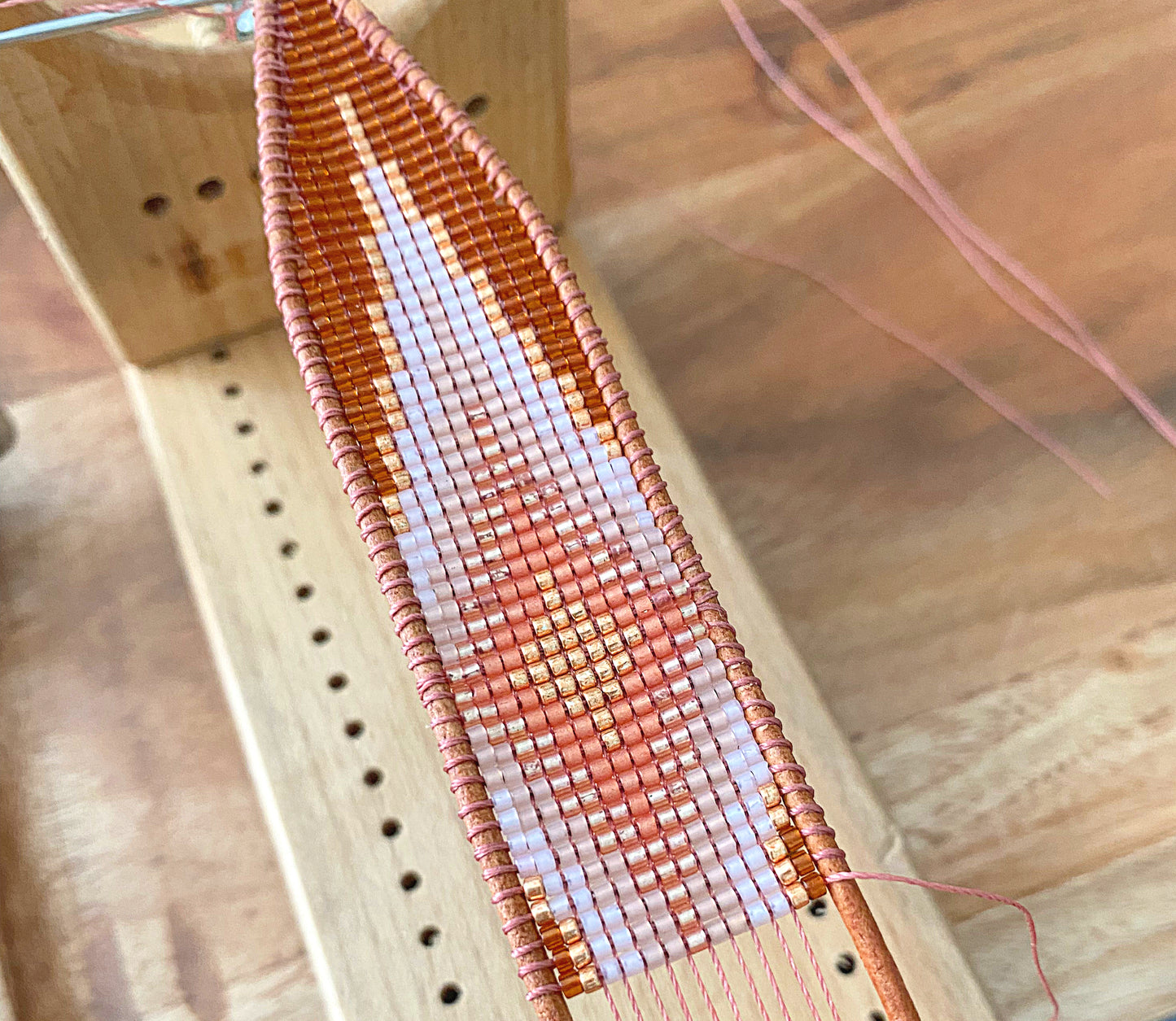 Tan and Coral Bead Loom Woven Diamond Burst Bracelet
