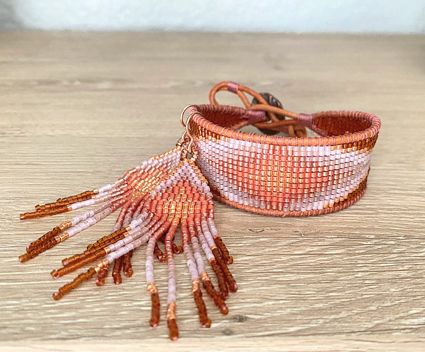 Tan and Coral Bead Loom Woven Diamond Burst Bracelet