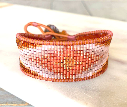 Tan and Coral Bead Loom Woven Diamond Burst Bracelet