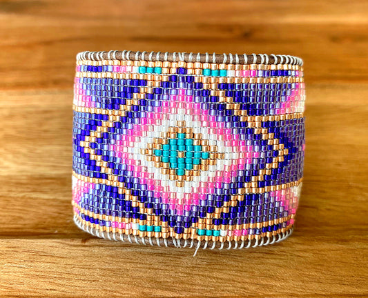 Purple and Gold Bead Loom Woven Wide Beaded Cuff Bracelet