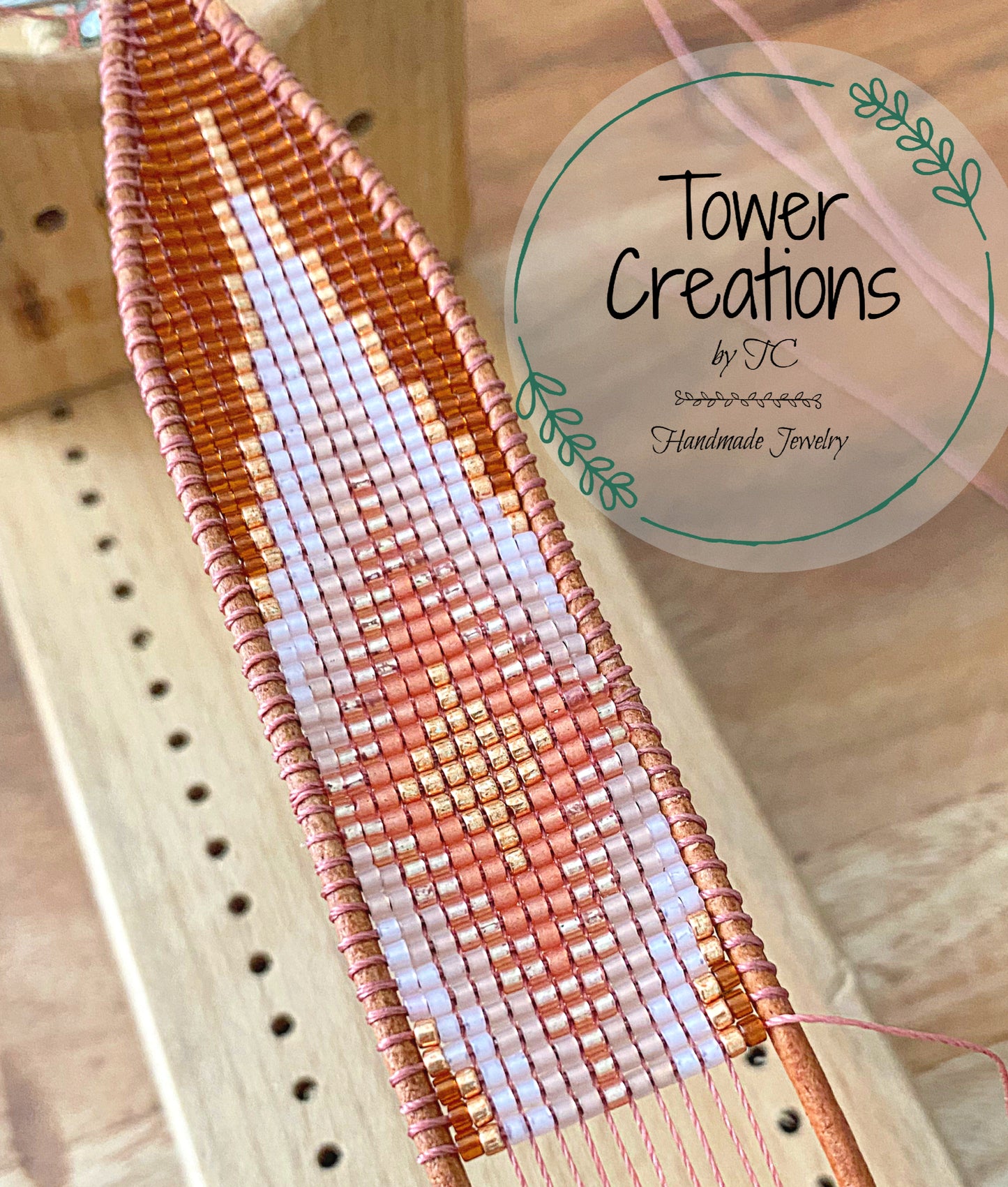 Tan and Coral Bead Loom Woven Diamond Burst Bracelet