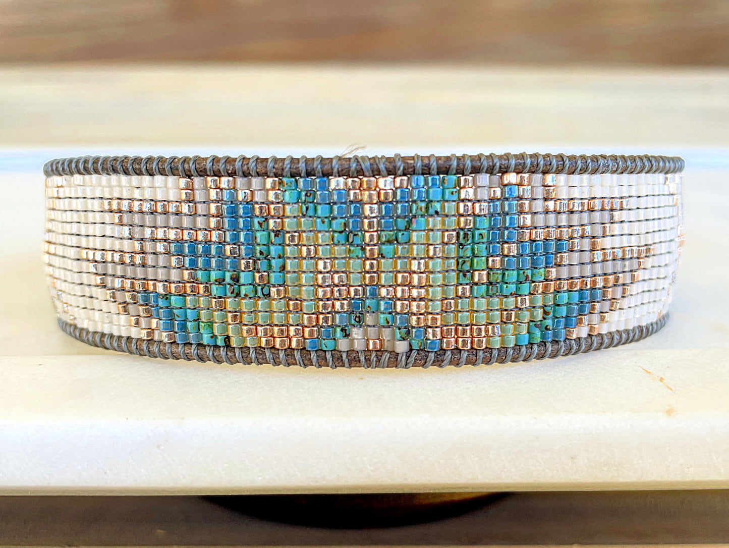 Sage and Turquoise Starburst Quilt Beaded Loom Woven Bracelet