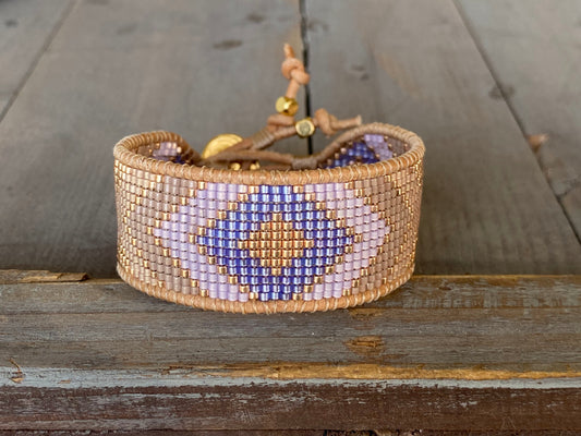 Lilac and Tan Bead Chevron Loom Woven Cuff Bracelet