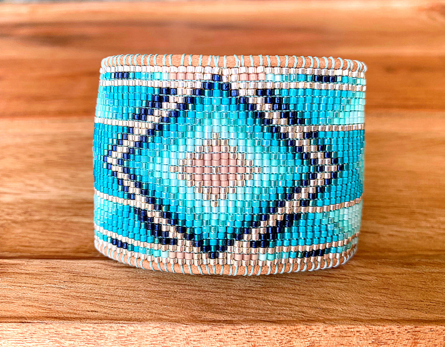 Blush and Teal Southwestern Bead Loom Woven Wide Beaded Cuff Bracelet