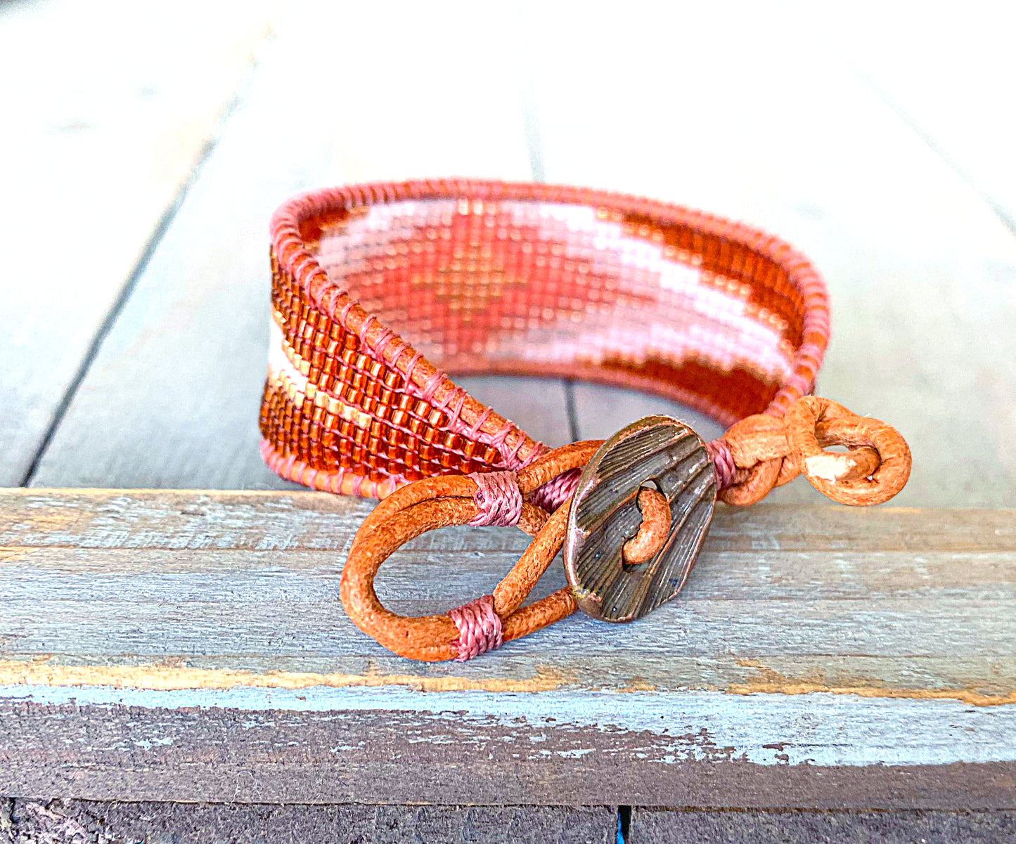 Tan and Coral Bead Loom Woven Diamond Burst Bracelet