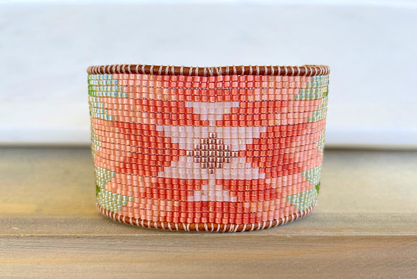 Coral,Green and Turquoise Western Cuff Starburst Beaded Loom Bracelet