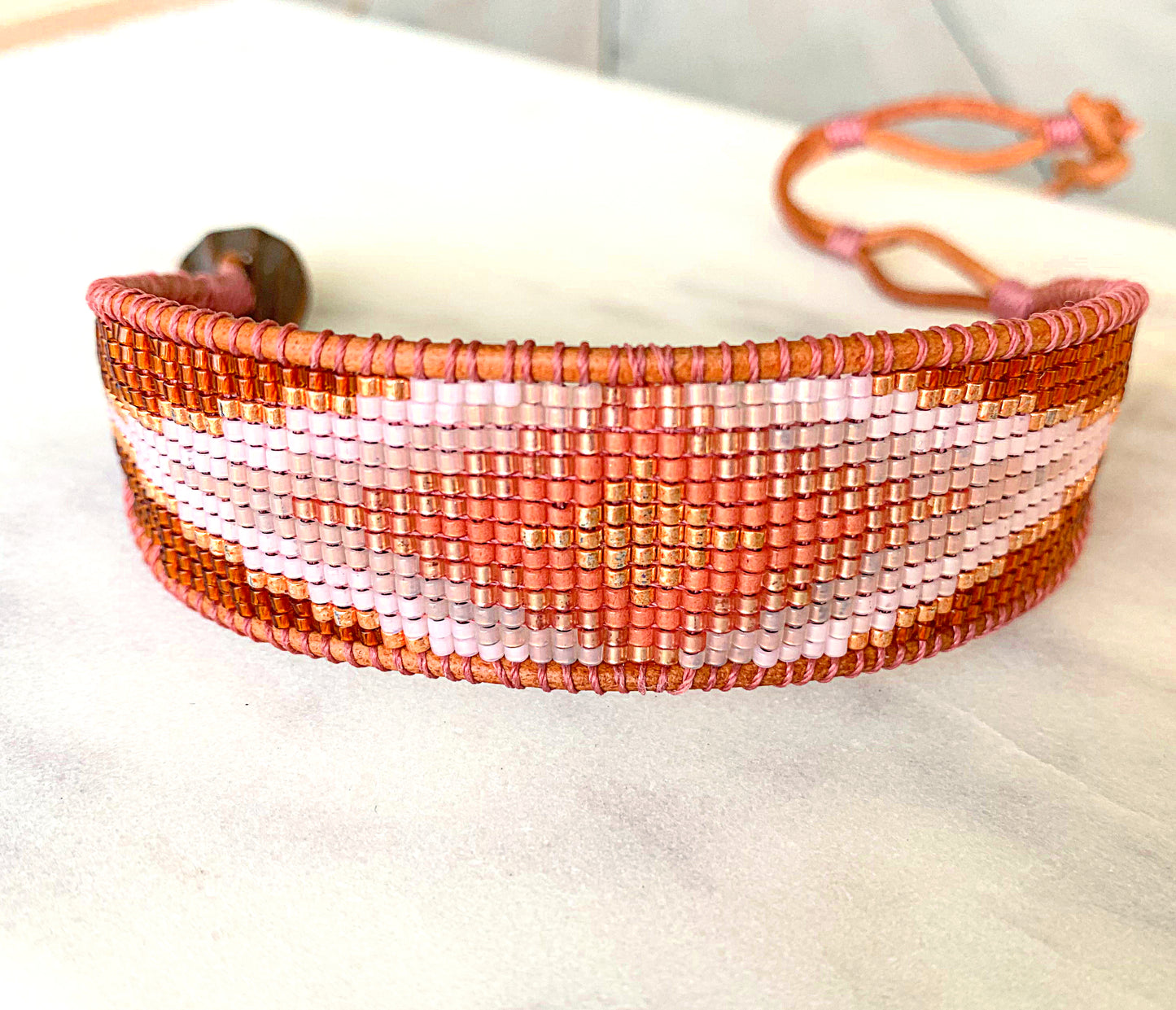 Tan and Coral Bead Loom Woven Diamond Burst Bracelet