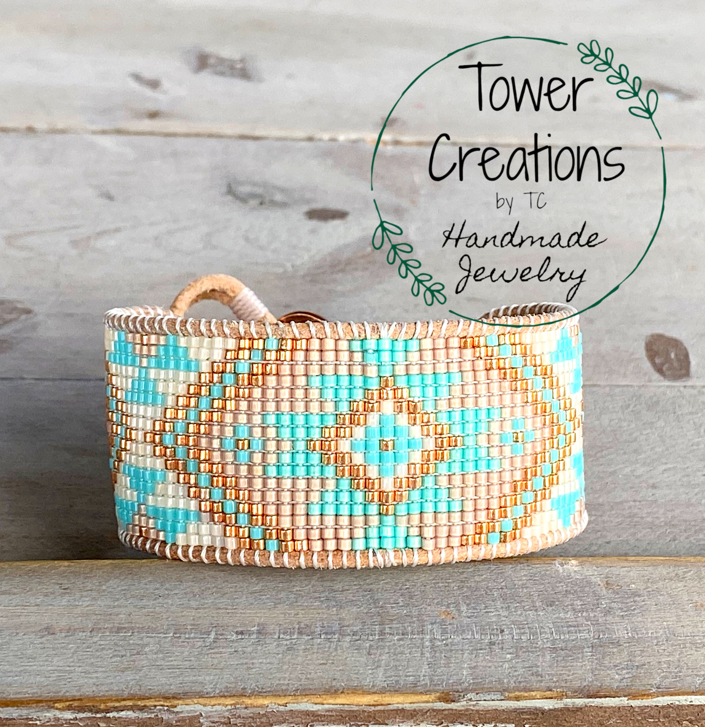 Aqua and Seafoam Beach Tribal Loom Leather Cuff Bracelet