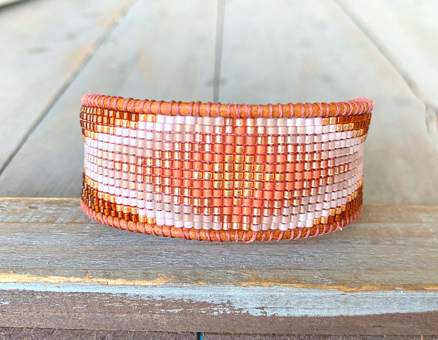 Tan and Coral Bead Loom Woven Diamond Burst Bracelet