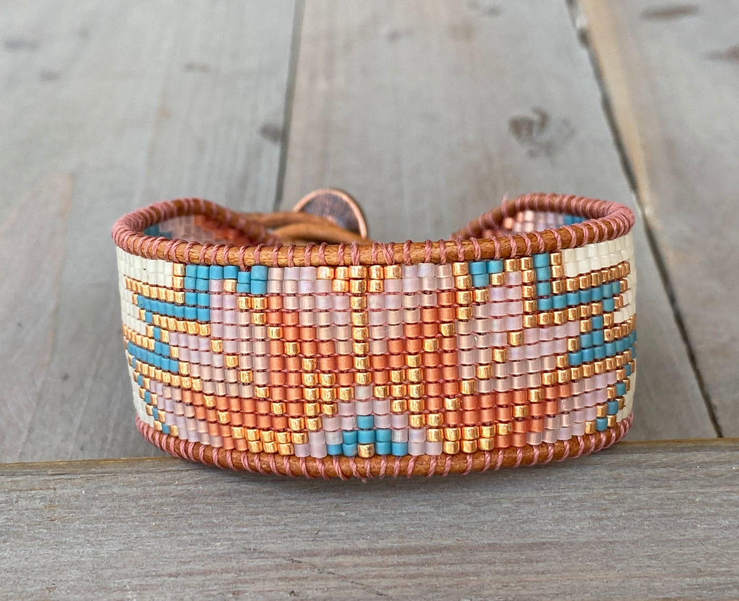 Sage and Turquoise Starburst Quilt Beaded Loom Woven Bracelet