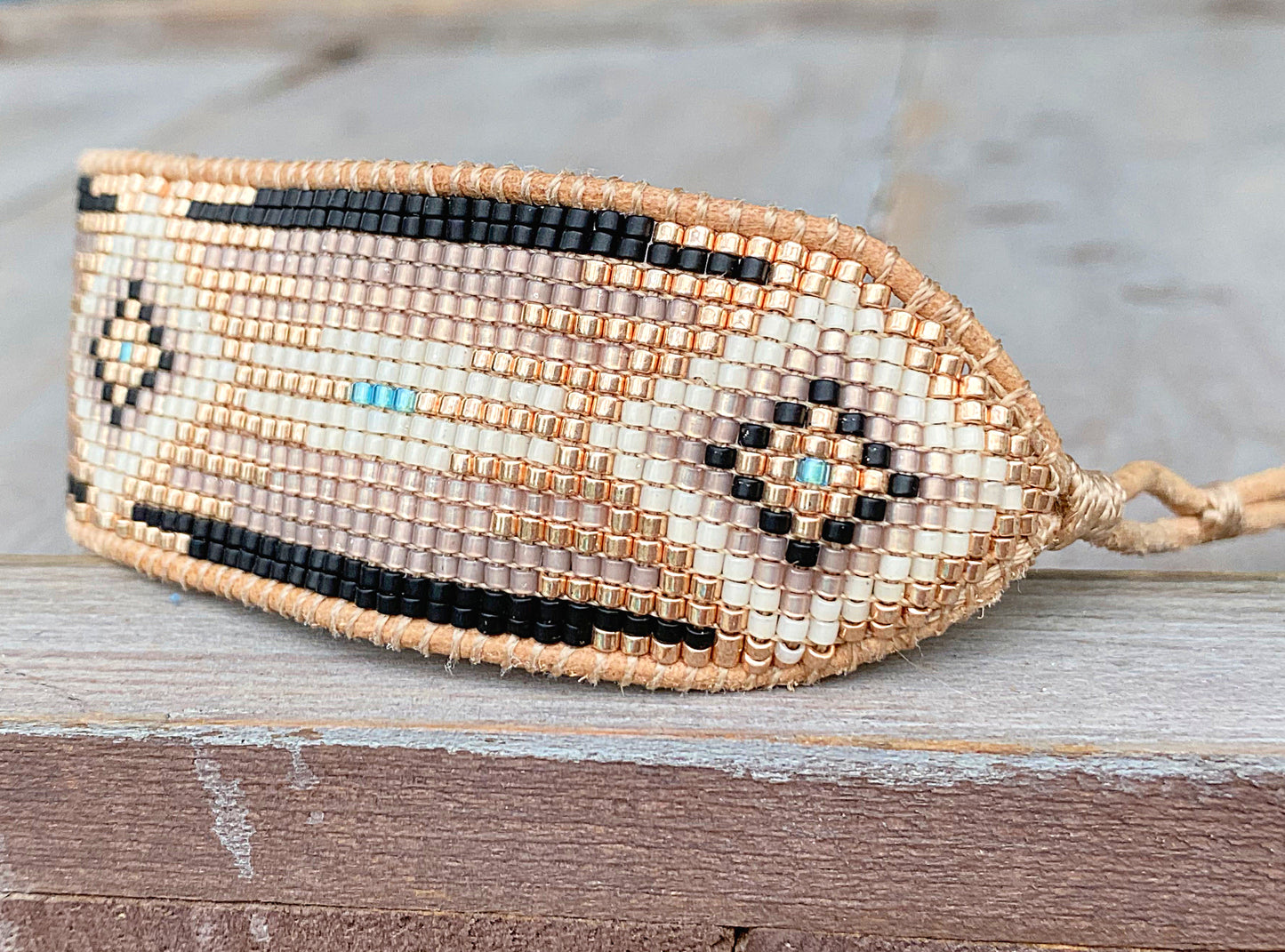 Gold, Tan, and Black Bead Loom Woven Bracelet
