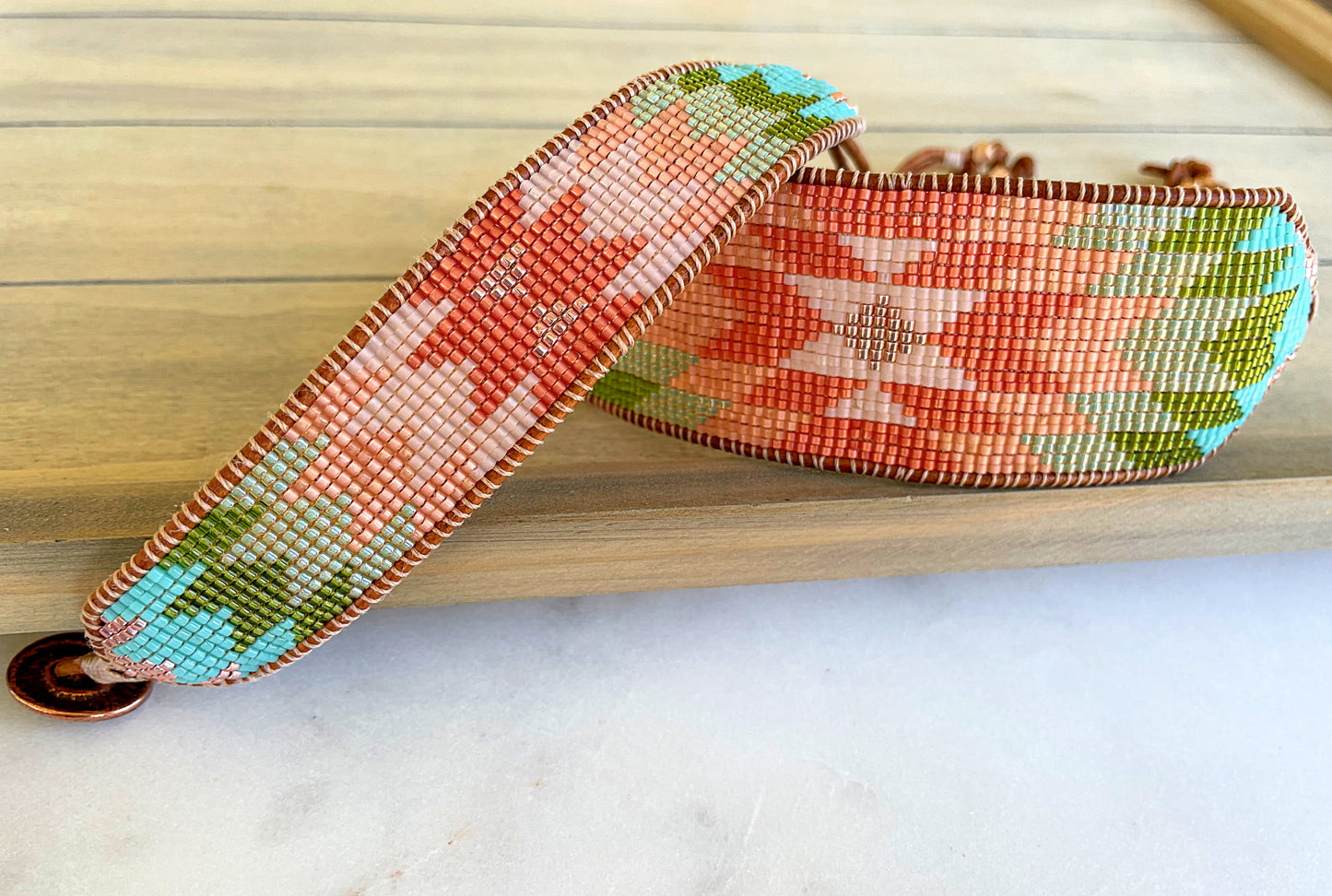 Coral,Green and Turquoise Western Cuff Starburst Beaded Loom Bracelet