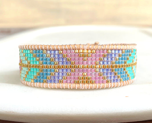 Purple, Green, and Gold Geometric Arrow Bead Loom Woven Bracelet