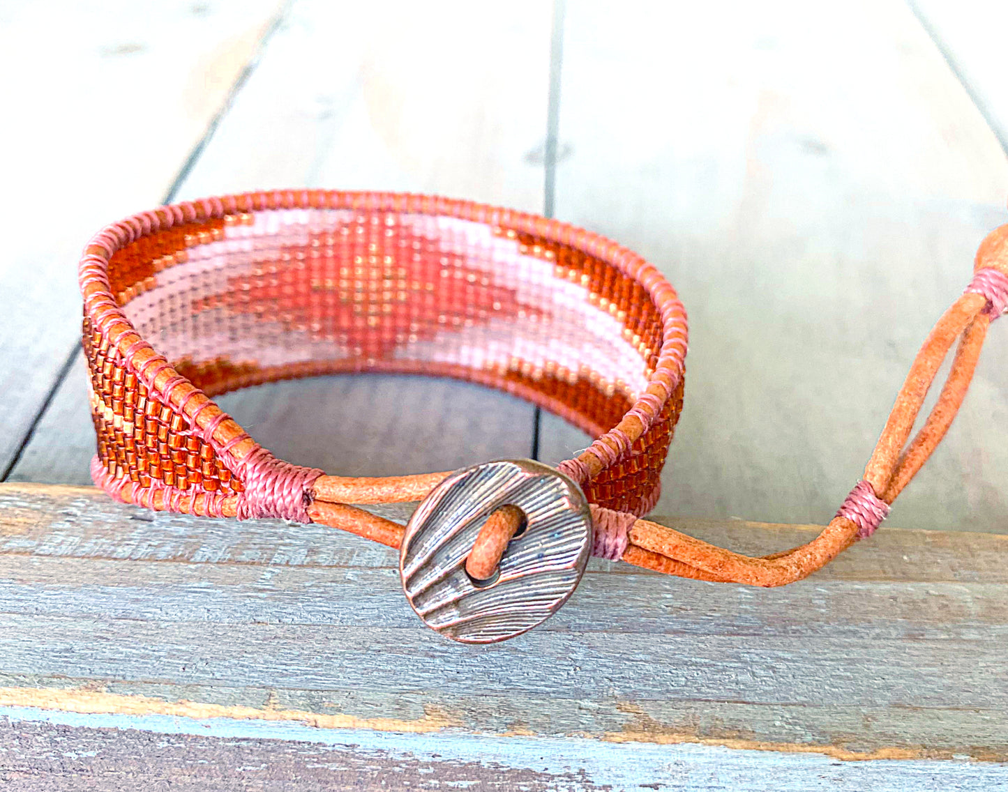 Tan and Coral Bead Loom Woven Diamond Burst Bracelet