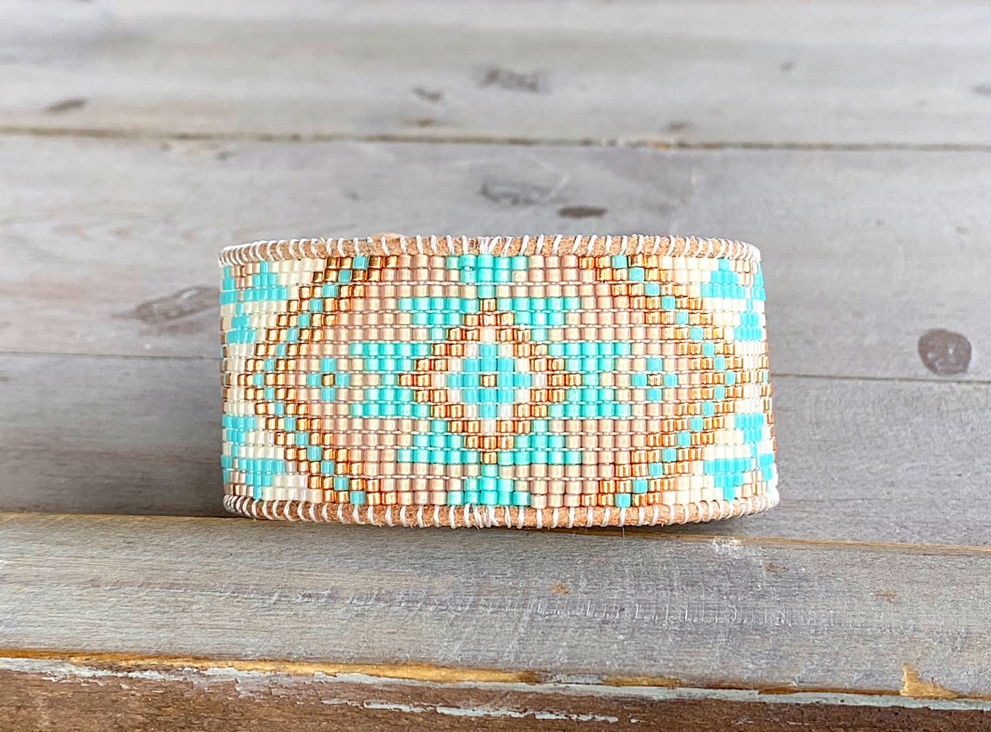 Aqua and Seafoam Beach Tribal Loom Leather Cuff Bracelet