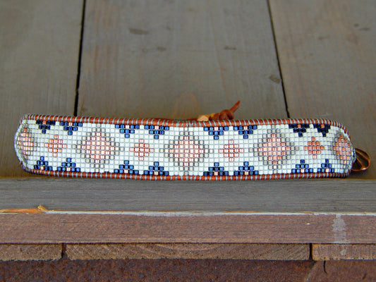Copper, Navy, Blush, Gray Diamond Bead Loom Woven Leather Bracelet