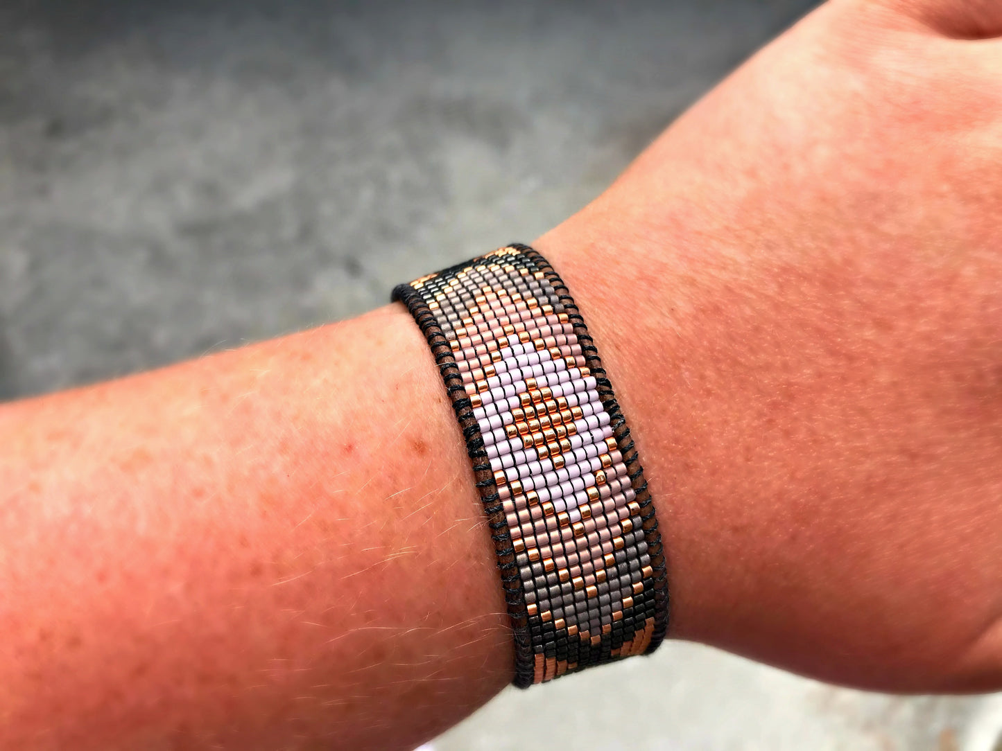 Rose Gold and Gray Bead Loom Woven Leather Cuff Bracelet