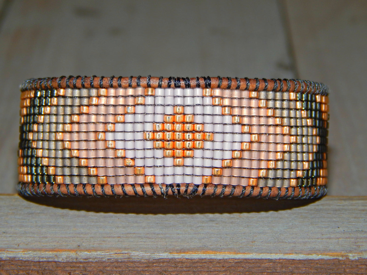 Rose Gold and Gray Bead Loom Woven Leather Cuff Bracelet